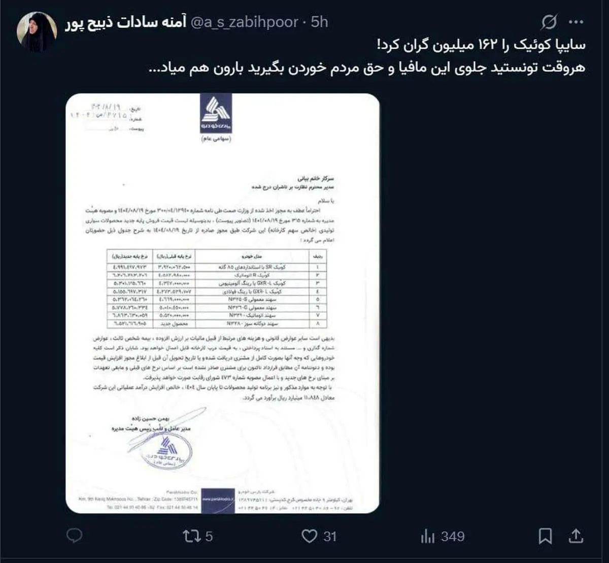 توییت جنجالی آمنه سادات ذبیح پور / مافیای خودرو و باران به هم ربط پیدا کرد!